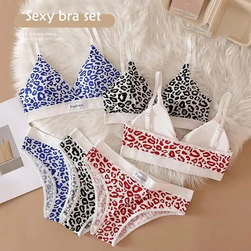 Women Seamless Bra Set Sexy Lingerie Low Waist Panties Leopard Bralette Set Vneck Sport Brassiere Female Cotton Underwear — image 2