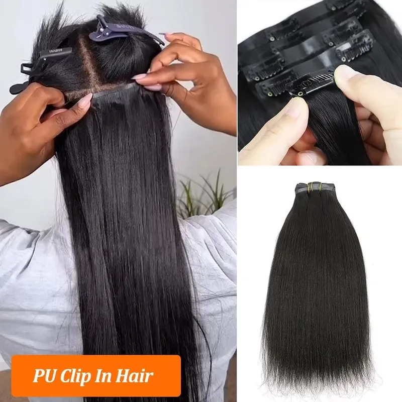 Seamless Light Yaki Straight PU Clips In Human Hair Extensions Natural Color Invisible Weft In Brazilian Remy Human Hair 110G
