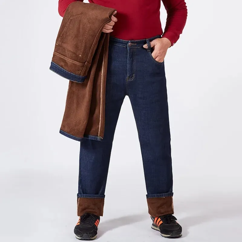 Men Plus Size 10XL Winter Warm Plush Jeans Stretch Loose Straight Baggy Denim Trousers for Comfortable Wear Oversize Streetwear — image 9