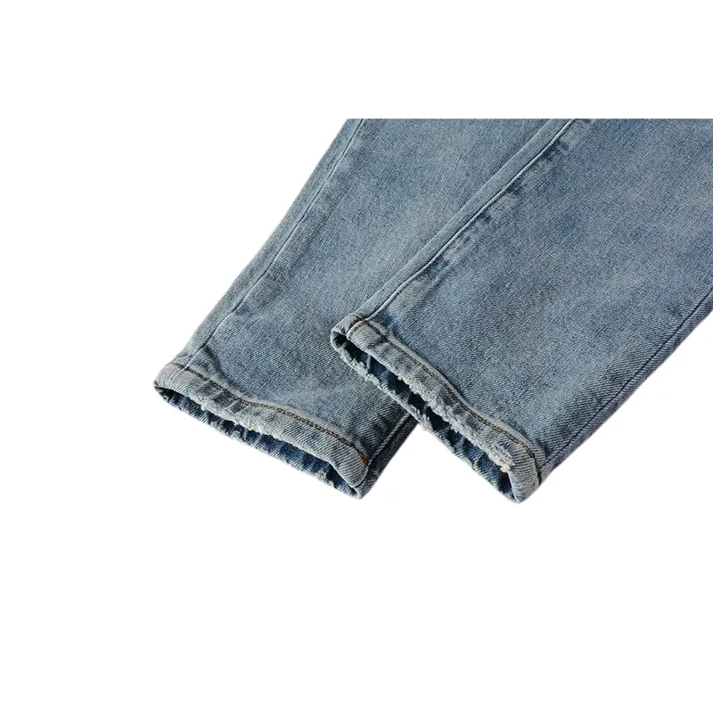 Men's Slim Taper Ripped Jeans Vintage Light Blue Wash Frayed Edges Button Fly High Street Style Denim Pants — image 6