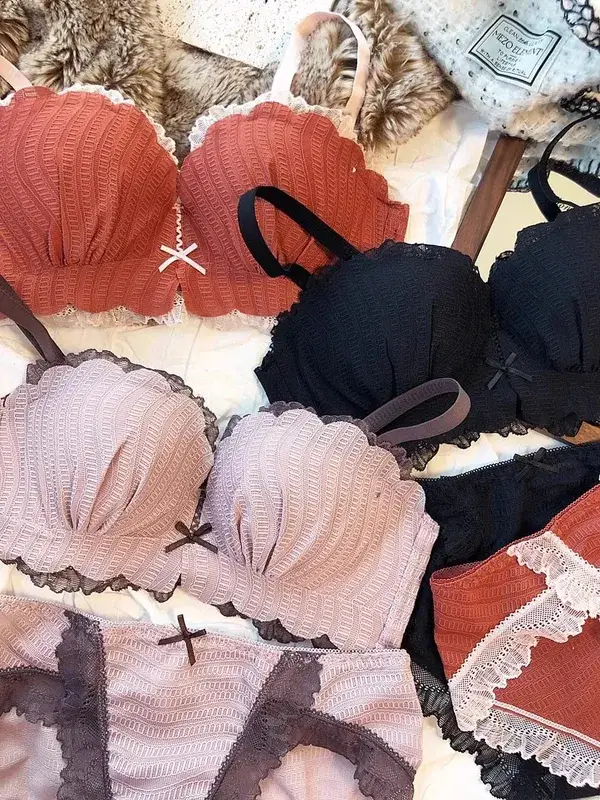Söt kontrastfärg Spets tunna underkläder för unga flickor Intimates One-Piece Sömlös liten BH och trosset Bomullsunderkläder — image 2