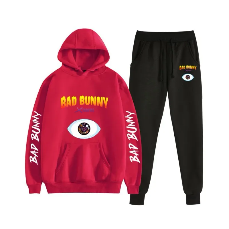 Harajuku Bekväm bad bunny Tryck Sweatshirt Träningsbyxor Kostym Dam Luvtröjor+ Byxor Kostym Pojkar/Flickor 2-delat set Kläder — image 52