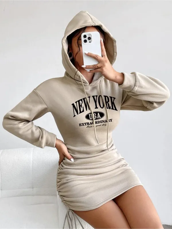 Women's Rest Elegant Hooded Strap Long Sleeve Letter Printed Solid Color Waist Skirt Strap Dress Mini Skirt Length