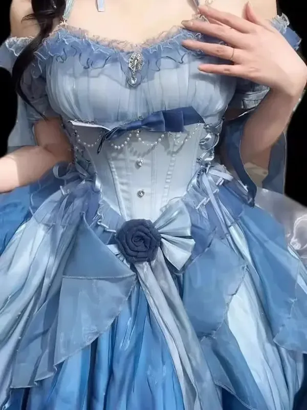 Dophee Original Lolita Trailing Puffy Dress Kvinnor Kort Fram Lång Baksida Prinsessan Blå Blomma Bröllopsklänning Elegant Off Shoulder — image 6