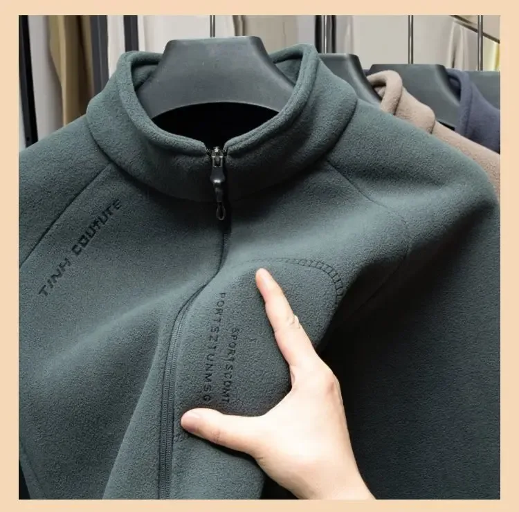 Men Double-sided Polar Fleece Hoodie Cardigan Solid Full Zip Warm Letter Print Casual Coats Thicken Sport Classic Sweatshirts — image 12