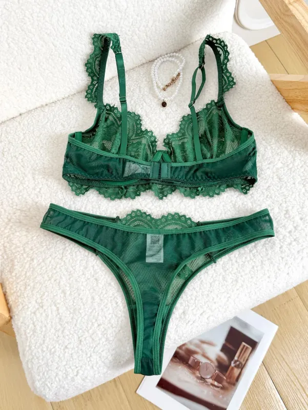 Sexy vintage verde cílios renda lingerie conjunto senhoras pura malha underwire sutiã tanga roupa de noite 2 peças s‑xl — image 6