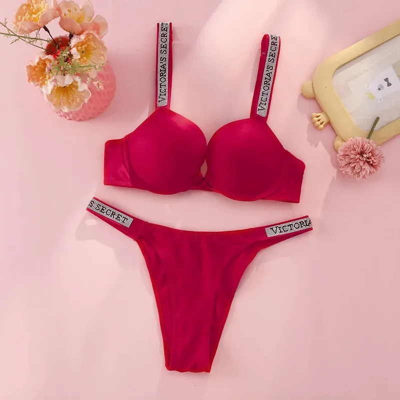 Conjunto de sutiã e calcinha push up Victoria's Secret para mulheres com logotipo de strass alças de ombro roupa íntima de renda conjunto de lingerie sexy — image 8