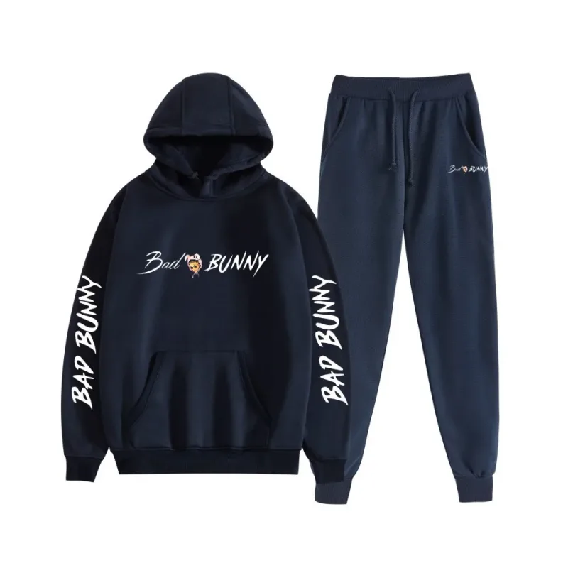 Harajuku Bekväm bad bunny Tryck Sweatshirt Träningsbyxor Kostym Dam Luvtröjor+ Byxor Kostym Pojkar/Flickor 2-delat set Kläder — image 54