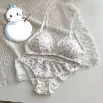 Japanese Sweet Lolita Bra&Panty Set Cherry Strawberry Print Wireless Comfort Bralette Anti Sagging AB Cup MOYISU 32-38-Sexy Bras — image 9