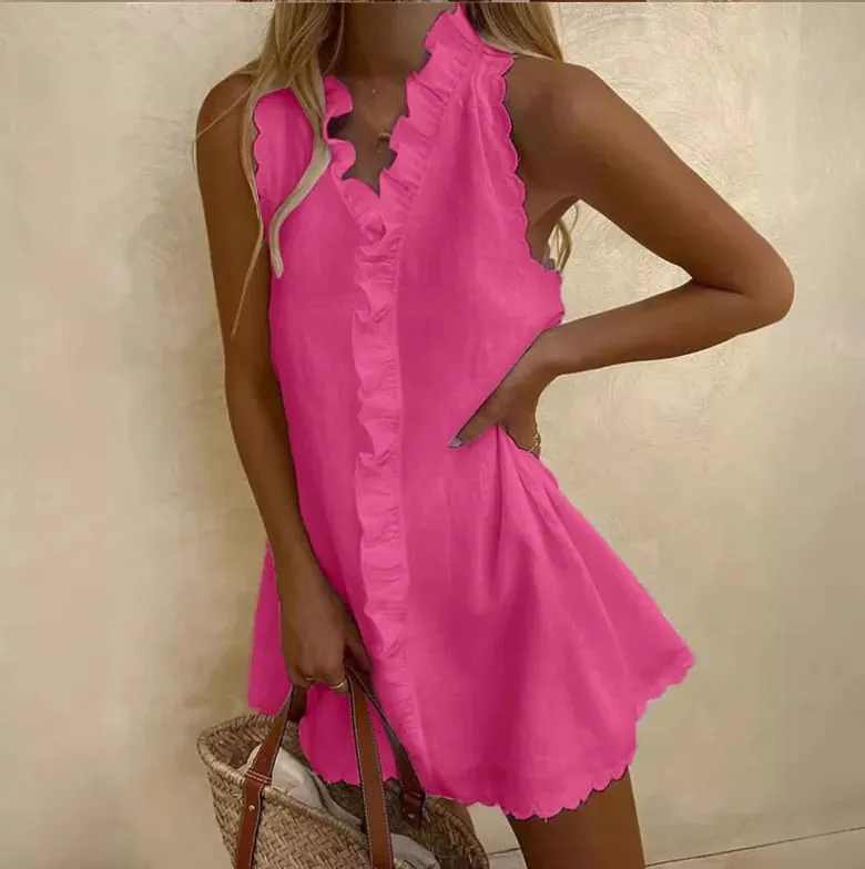 New Women Casual Cotton And Linen White Dress Summer V Neck Ruffles Sleeveless Elegant Boho Beach Party Mini Dresses Female Robe — image 2