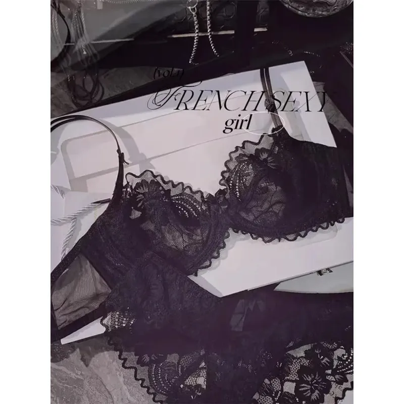Minimal French Thin Perspective Lace Lingerie Set Underwire Beauty Back Malaking Bust Minimizer Side Shaping Anti Sagging Bra Set — image 4