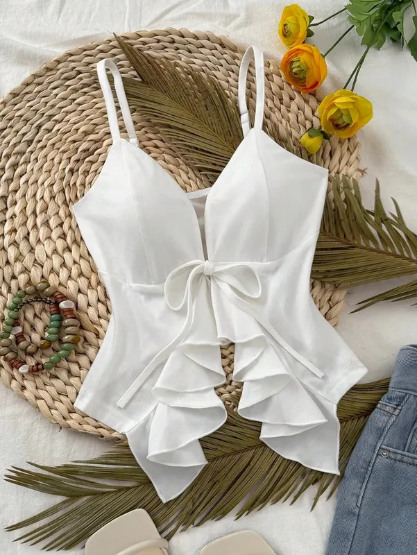 Women Deep V Spaghetti Strap Cami Top Front Self Tie Bow Ruffle Cutout Waist Slim Fit Solid White Summer Y2K Sleeveless Tank Ves — image 5