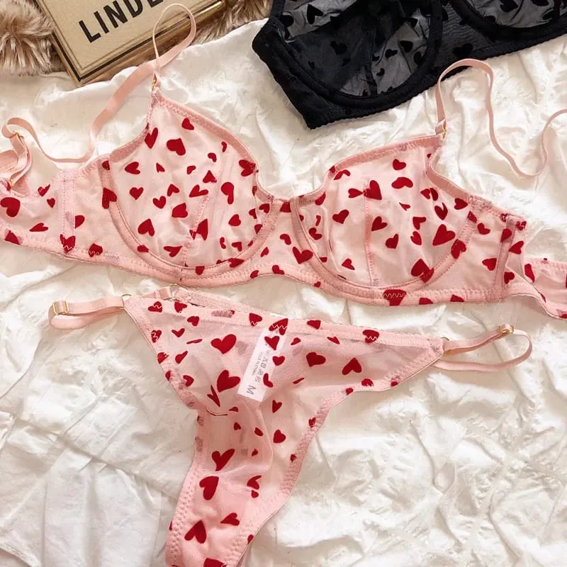 2 peças conjunto de lingerie sexy ultra fino respirável sutiã para mulher push up sutiã conjunto verão malha romântico pêssego coração íntimos — image 10