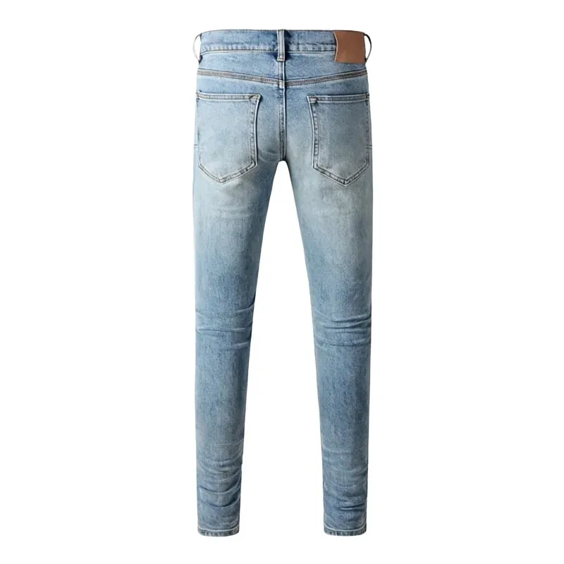 Men's Slim Taper Ripped Jeans Vintage Light Blue Wash Frayed Edges Button Fly High Street Style Denim Pants — image 2