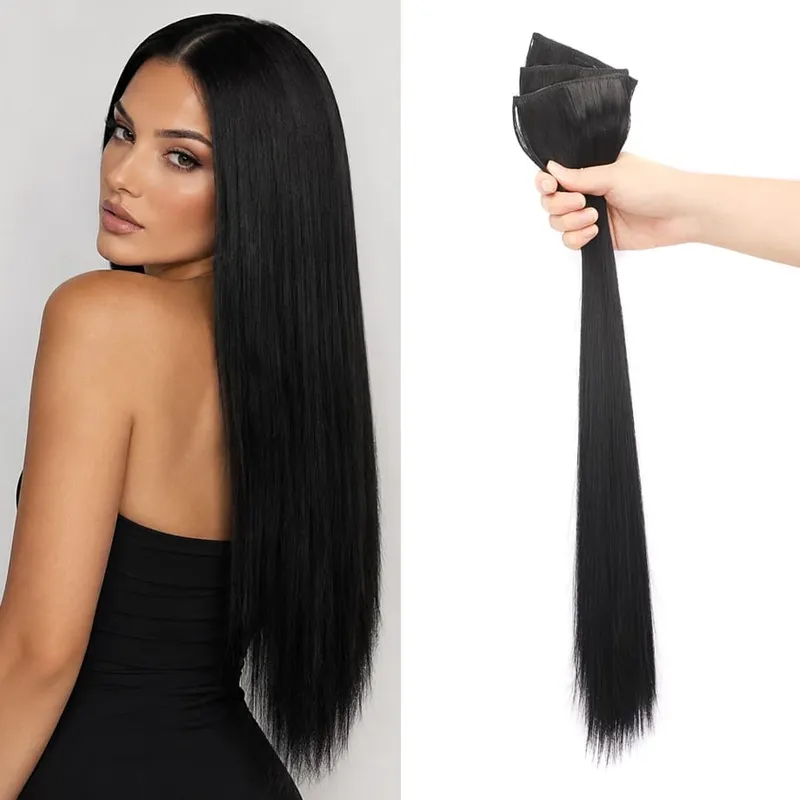 Clip in Hair Extension for Women - 3 Pcs Thick Double Weft Long Straight Soft Synthetic Blends Well Hair Extension 20inch Dark B — image 2