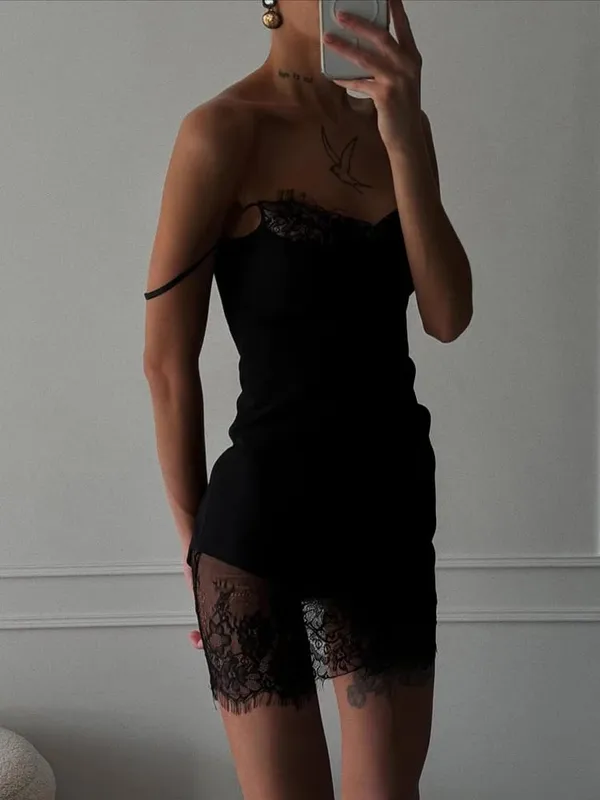 Chic spetskant Se Through Sling Dress Dam Sexig Midja Cinched Slim Fit Ärmlösa Vestidos 2026 Lady Daily Party Korta Klänningar — image 7