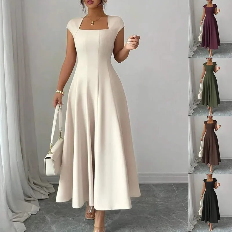 2026 Fashion Elegant Evening Dress A-line Dresses For Woman Party Wedding Vestidos Temperament Short Sleeves Solid Color Banquet — image 1