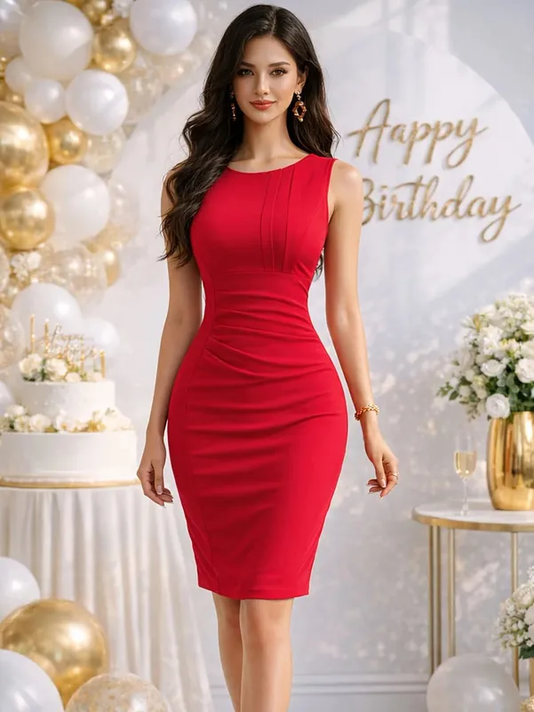 Women Elegant Crew Neck Sleeveless Ruched Slim Work Office Cocktail Party Knee Length Sheath Bodycon Pencil Slim Dress — image 3
