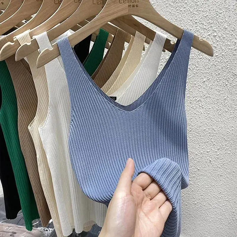 New Summer Sexy V-Neck Sleeveless Knit Women Camis Slim Pure Desire Style Basic Crop Top Korean Style Solid Versatile Tank Top — image 5