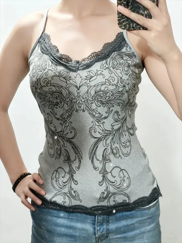 Punk Hottie Vintage Diamonds Print Camisole Vest Women American Sexy Outerwear Slim Patchwork Lace Tanks Gothic Y2k Crop Tops — image 2