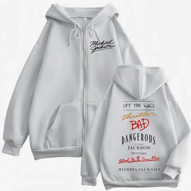 Cantor de rock dos anos 90 Michael Jackson Álbum Impressão Zíper Moletom Com Capuz Moda de Alta Qualidade Zip Up Pulôveres Homens Mulheres Moletons Oversized
