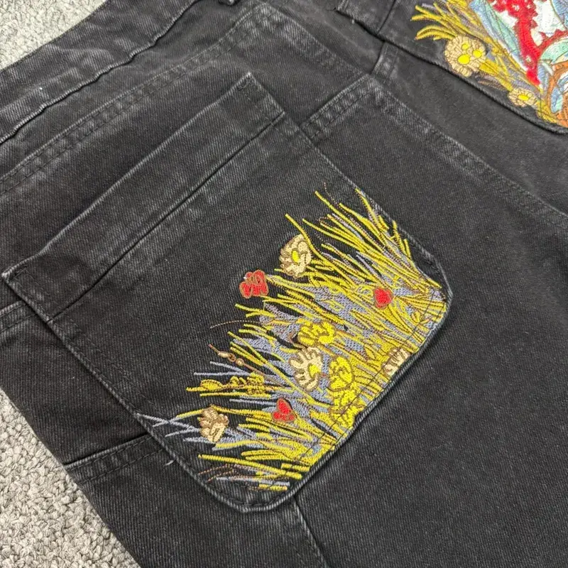 Streetwear Floral Embroidery Washed Baggy Jeans Pants for Men and Women Straight Casual Loose Denim Trousers Oversized — image 4