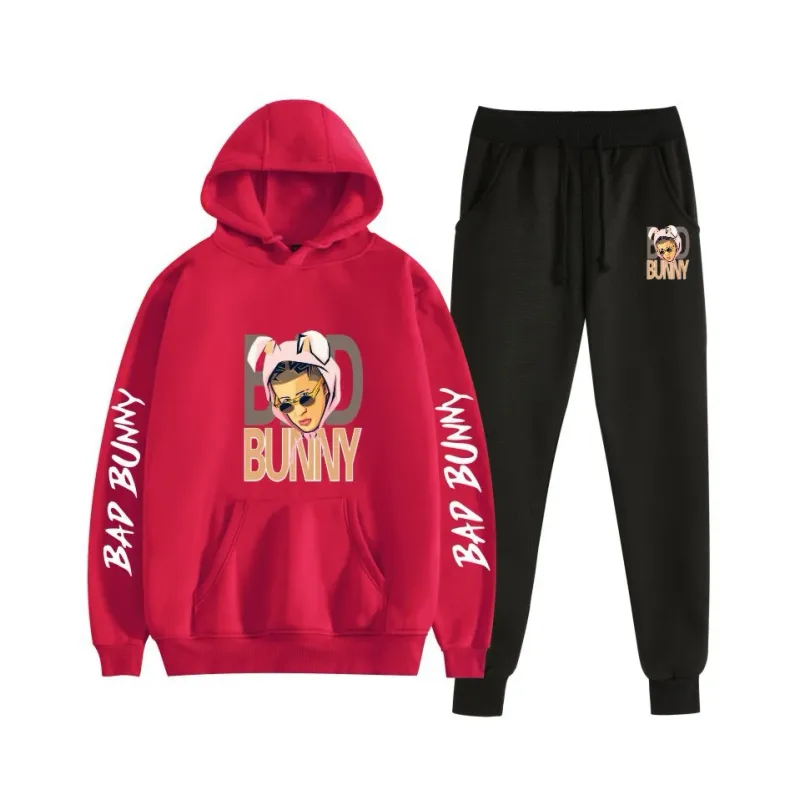 Harajuku Bekväm bad bunny Tryck Sweatshirt Träningsbyxor Kostym Dam Luvtröjor+ Byxor Kostym Pojkar/Flickor 2-delat set Kläder — image 40