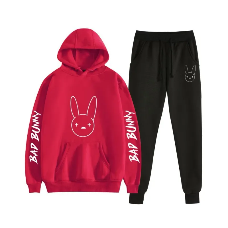 Harajuku Bekväm bad bunny Tryck Sweatshirt Träningsbyxor Kostym Dam Luvtröjor+ Byxor Kostym Pojkar/Flickor 2-delat set Kläder — image 47