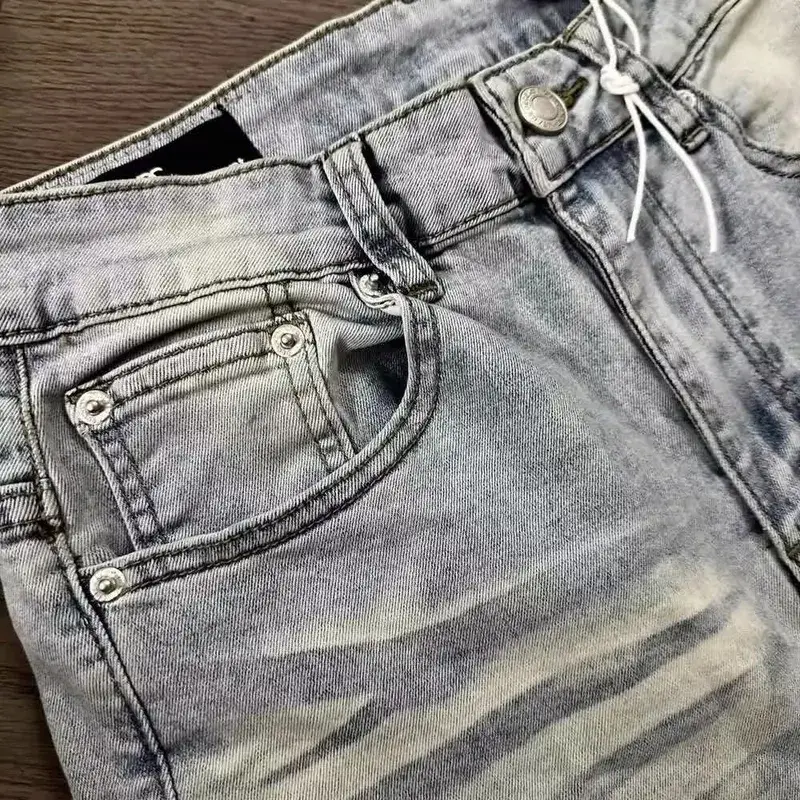 Man Jeans Designer Menswear Clothing Luxury Washed Light Blue Cat Whisker Slim Elastic Jeans Men's Thin Straight Scimitar Pants — image 6