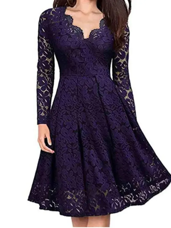 Women Lace A-Line Dress Spring Autumn V Neck Long Sleeve Lace Crochet Patchwork WineRed Slim Party Dresses JYFS-JY8858 — image 3