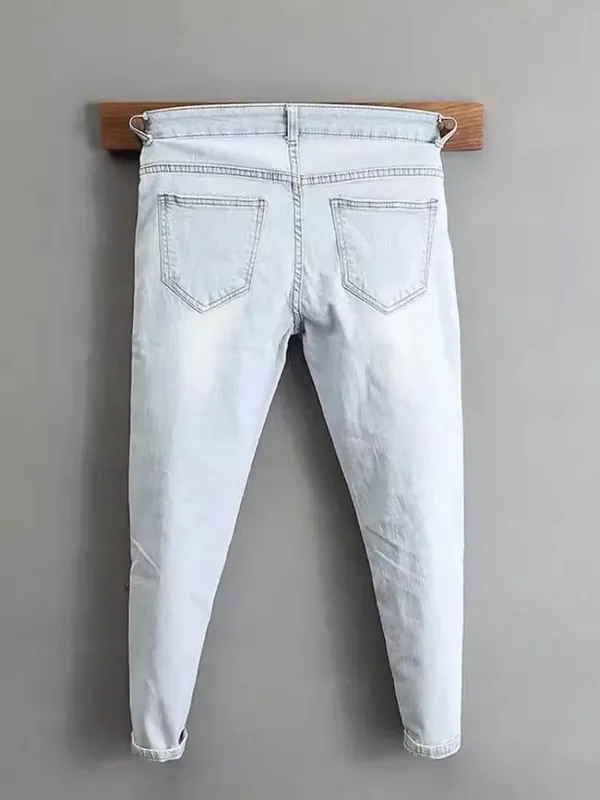 Ropa de los años 2000, pantalones vaqueros de color claro para hombre, novedad de primavera y otoño de 2025, pantalones ajustados de color azul claro, pantalones elásticos de trabajo de marca a la moda