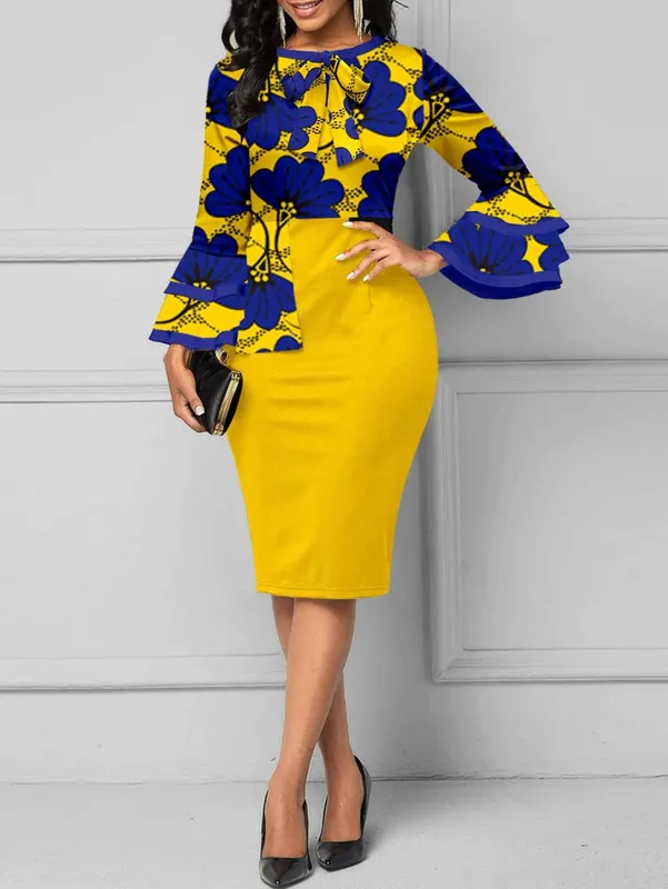 Women Long Sleeves Ethnic Floral Print Round Neck Autumn Knee Length Bodycon Dress Fashion Casual Commuter Party Pencil Dress — image 2