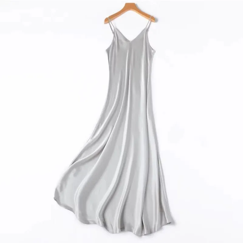 2026 Pambabaeng Fashion Bagong 21MM 100% Natural Mulberry Silk Plain Satin Extended French Sexy Adjustable Shoulder Strap Solid Dress — image 16