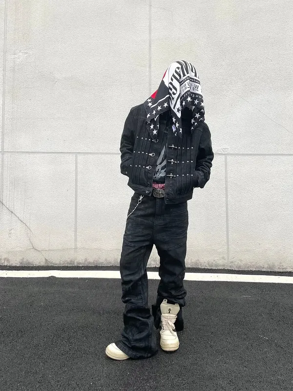Denim Pant Men Stacked Jeans Vintage Pants Spliced Full Length Mid Waist Washed Straight Trousers Y2k High Street Casual Spring — image 7