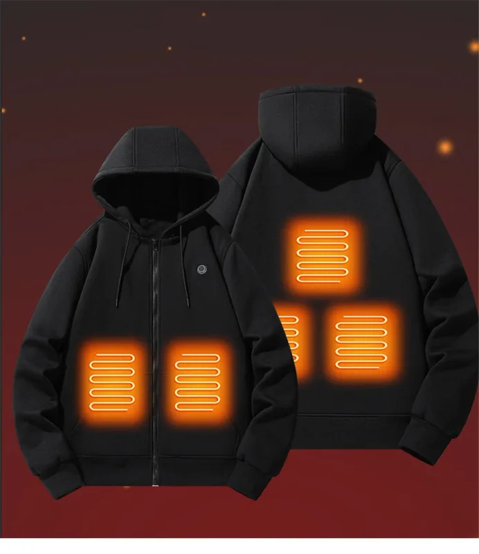 USB Heating Luvtröjor Herr Vinter Eluppvärmda Luvtröjor Jackor Uppvärmd Zipper Hoodie Infraröd 5 Värmeområden Jacka Svart Grå — image 4