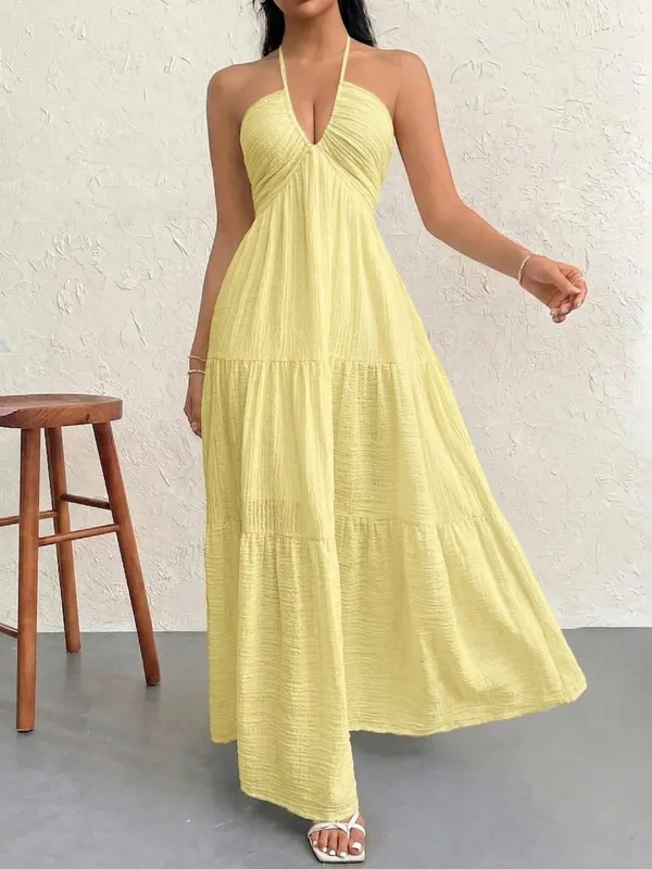 Women's Casual Dresses Halter Backless Yellow Tiered Flowy Boho Dress Spring Summer Beach Vacation Breathable Dress — image 3
