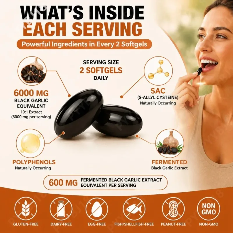 Fermented Black Garlic Extract Softgels 6000mg Equivalent Supplement for Daily Wellness Antioxidant Immune Support 240 Softgels — image 6
