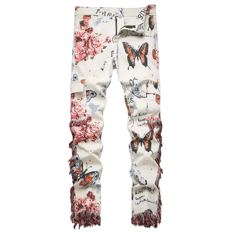Men Butterfly Print Denim Jeans Flower Pattern White Stretch Cotton Slim Pants Tassels Multi Pockets Cargo Trousers Good Quality