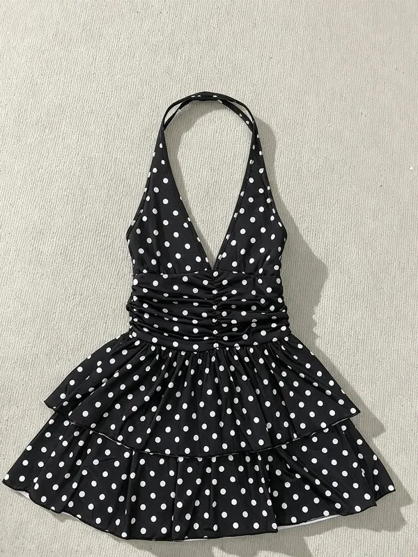 Vintage Polka Dot Halter Dress for Women Deep V‑Neck Backless Ruched Waist Tiered Ruffle Dress Retro Party Casual Short Dresses — image 3