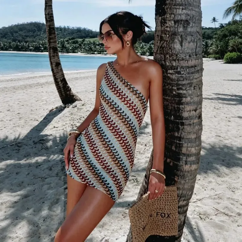 Bohemian Slanted Shoulder Colorful Striped Bodycon Dress Chic Irregular Printed Knitted Backless Slim Fit Mini Dresses Beach — image 4