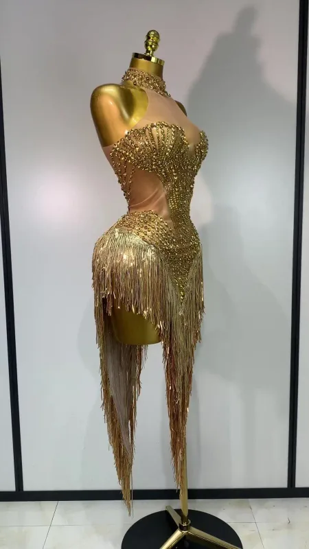 Sexy traje de palco brilhante strass malha transparente lantejoulas borla noite festa de aniversário boate dança cantor outfit — image 8