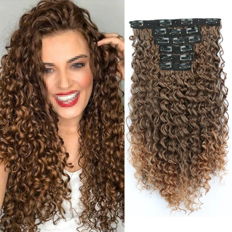 Synthetic 26Inch Kinky Curly 16 Clip In Hair Extensions Black Brown Full Head Fake Pieces Kinky Curly Hair Extensions — image 8