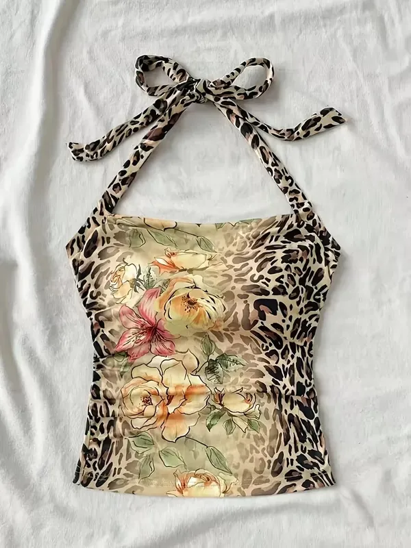 Cropped Top Women's Summer Vacation Women's Half Neck Leopard Print Colorful Flower Top — image 5