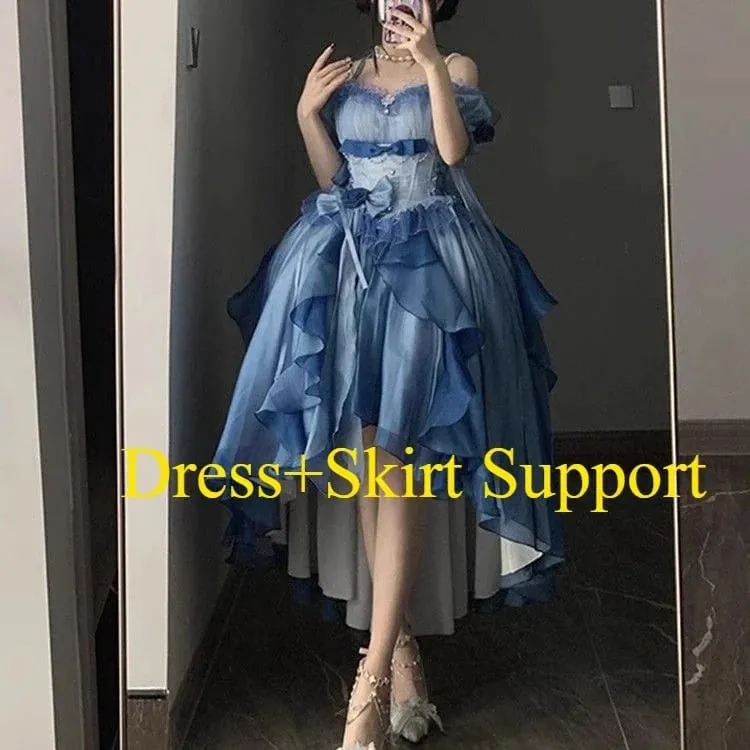 Dophee Original Lolita Trailing Puffy Dress Kvinnor Kort Fram Lång Baksida Prinsessan Blå Blomma Bröllopsklänning Elegant Off Shoulder — image 9