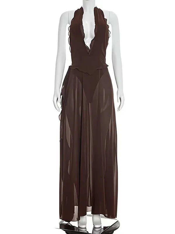 Mozision Halter Deep V Neck Backless Sexy Maxi Dress Women Elegant Off-shoulder Sleeveless High Split Club Party Long Dress — image 6