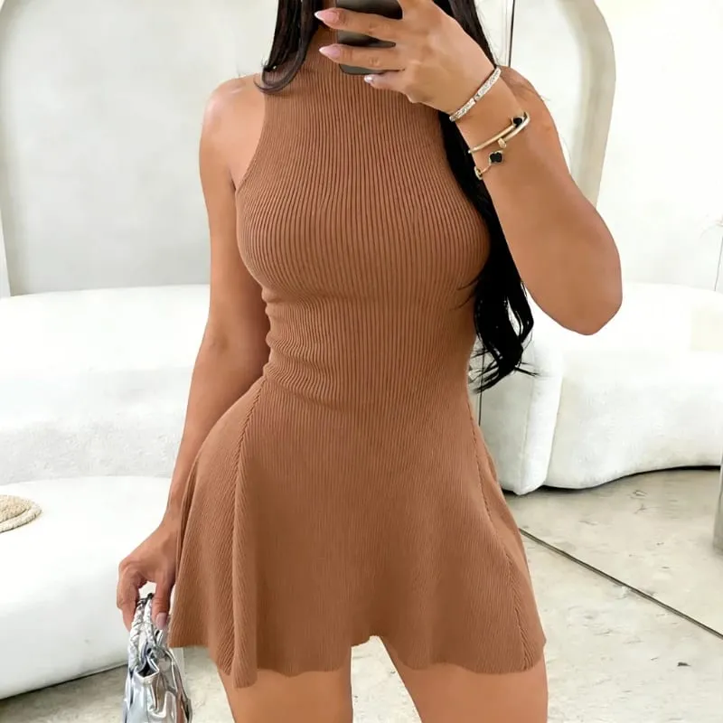 Brown Sleeveless Mini Dress Women's Mock Neck Sundress Flared Stretchy Ribbed Knit A-Line Casual Summer Party Vacation Dress