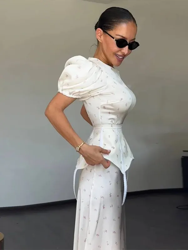 Women's White Floral Print Puff Sleeve Dress With Waistband Fashion Satin Ruffled Hem Maxi Dresses Lady 2026 Elegant Party Robe — image 3