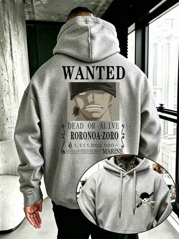 Bandai One Piece Mens Hoodie New Autumn Winter High Quality Warm Pullover Featuring Zoro Wanted Poster Print Casual Style — image 11
