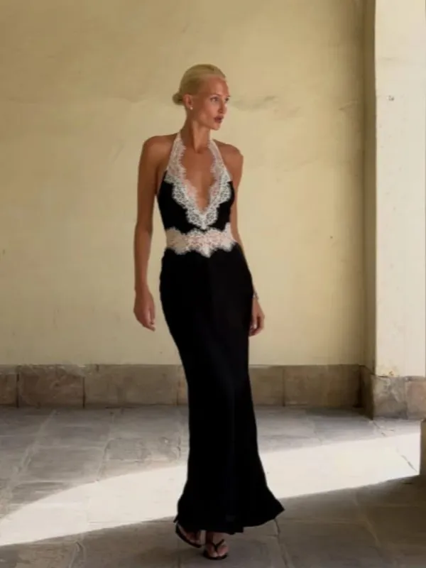 Black Lace Patchwork Halter Neck Maxi Dresses V-neck Sleeveless Backless High Waist Long Dress 2026 Elegant Party Club Outfits — image 3