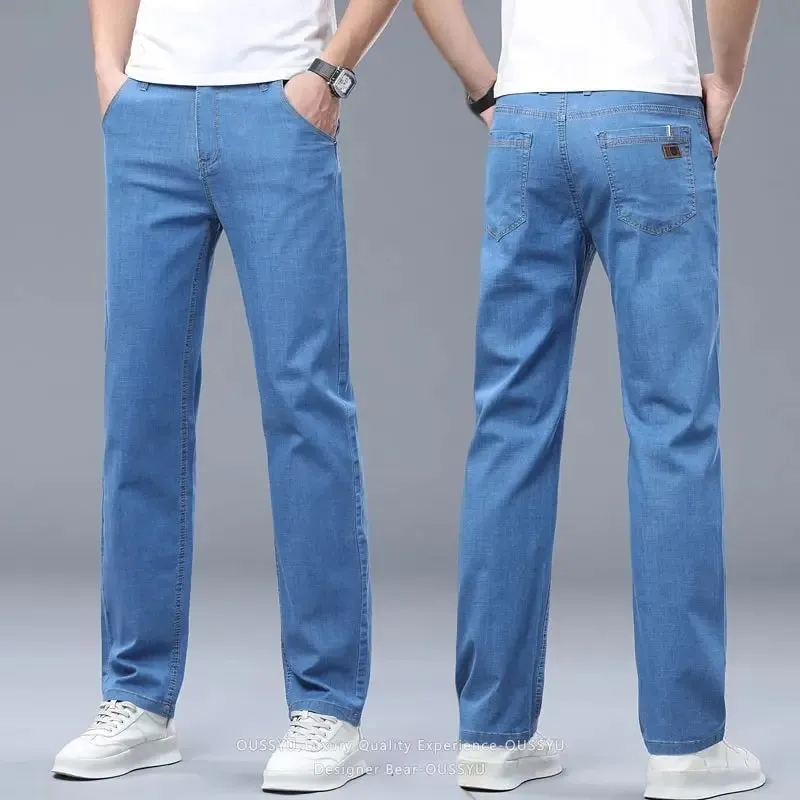 Summer Thin Men's Elastic Cotton Jeans Fashion Business Straight Casual Denim Pants Male Work Clothes Slim Trousers Plus Size 40 — image 6